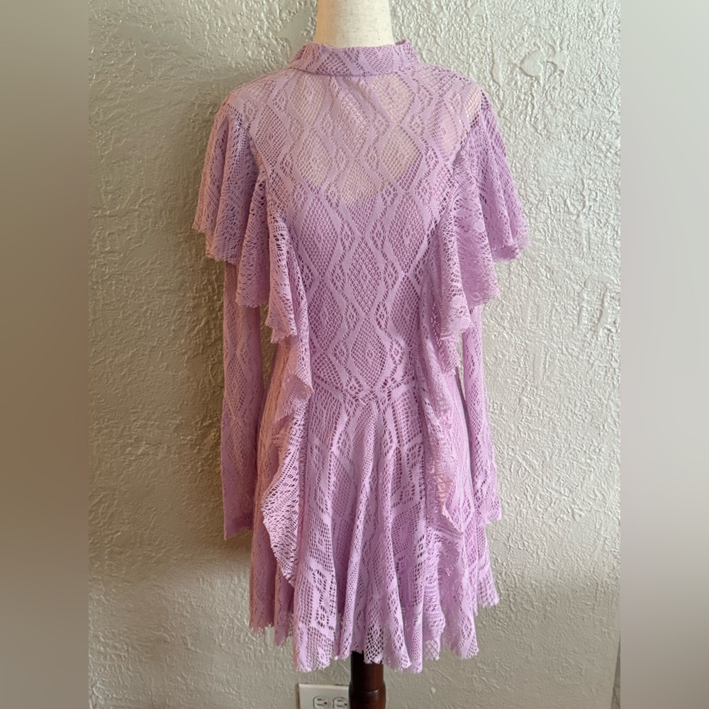 Free People Long Sleeve Lace Ruffle Mini Dress - Lavender & Pink